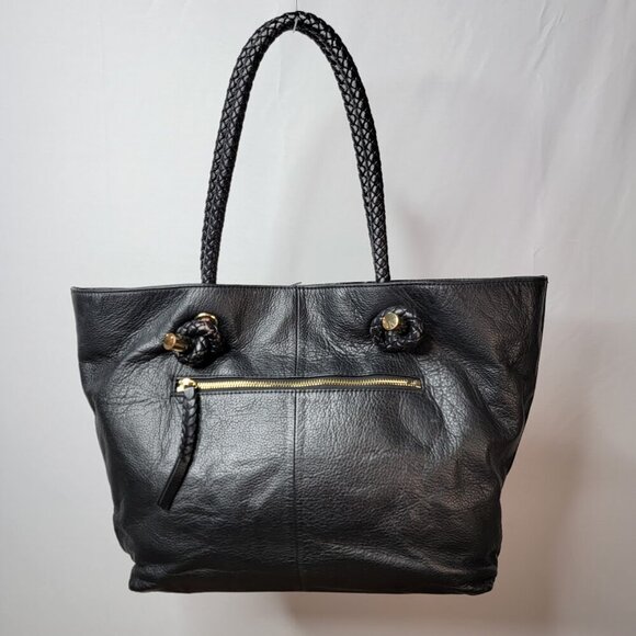Clarks Black Leather Tote – Braided Handles, Front Zip Pocket | Everyday Carry - Picture 2 of 9